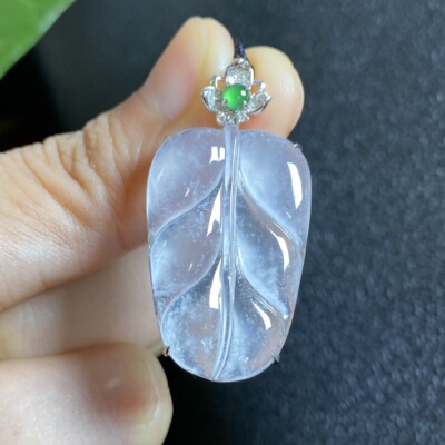 翡翠A货高冰种木纳料雪花棉金枝玉叶18K金镶嵌女款吊坠挂件 0042