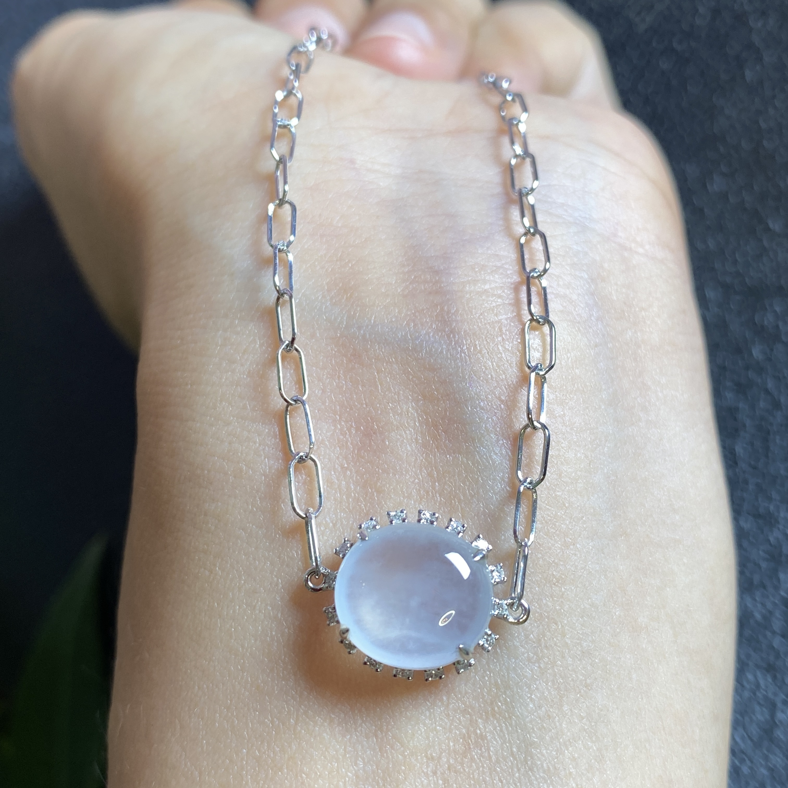 缅甸天然翡翠A货冰种起胶白月光蛋面手链手串18K金钻镶嵌 0765