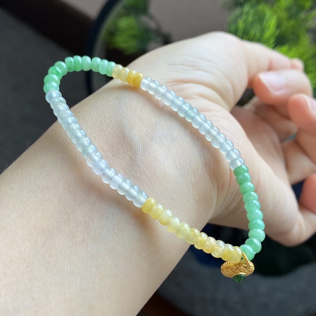 掌中翠缅甸天然翡翠A货冰种多宝彩虹算盘珠手链手串4mm 0341