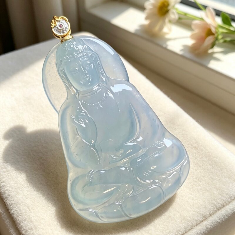 缅甸翡翠A货高冰种晴绿底雪花棉大件坐莲观音吊坠18K金镶嵌 0042