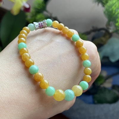 掌中翠缅甸天然翡翠A货冰种黄翡阳绿双色圆珠手链手串 5969