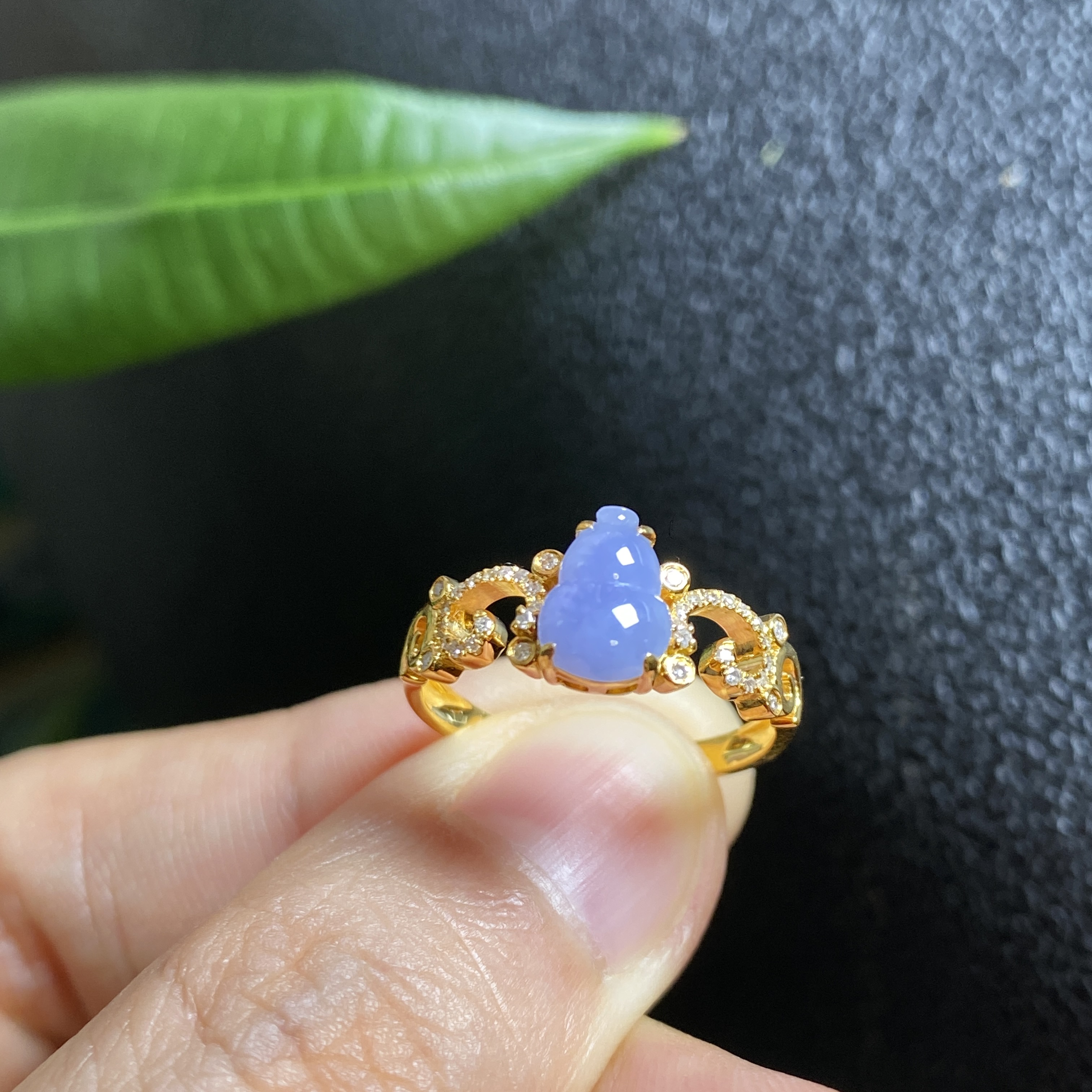 掌中翠缅甸翡翠A货冰种紫罗兰葫芦18K金镶嵌女款戒指 0164