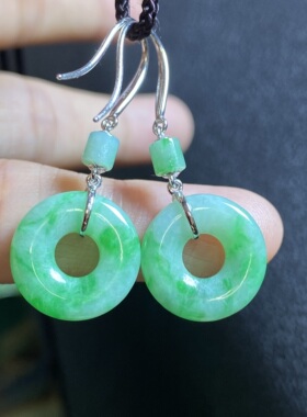 天然翡翠A货冰种阳绿甜甜圈平安扣耳坠耳环18K金女款耳饰 0348