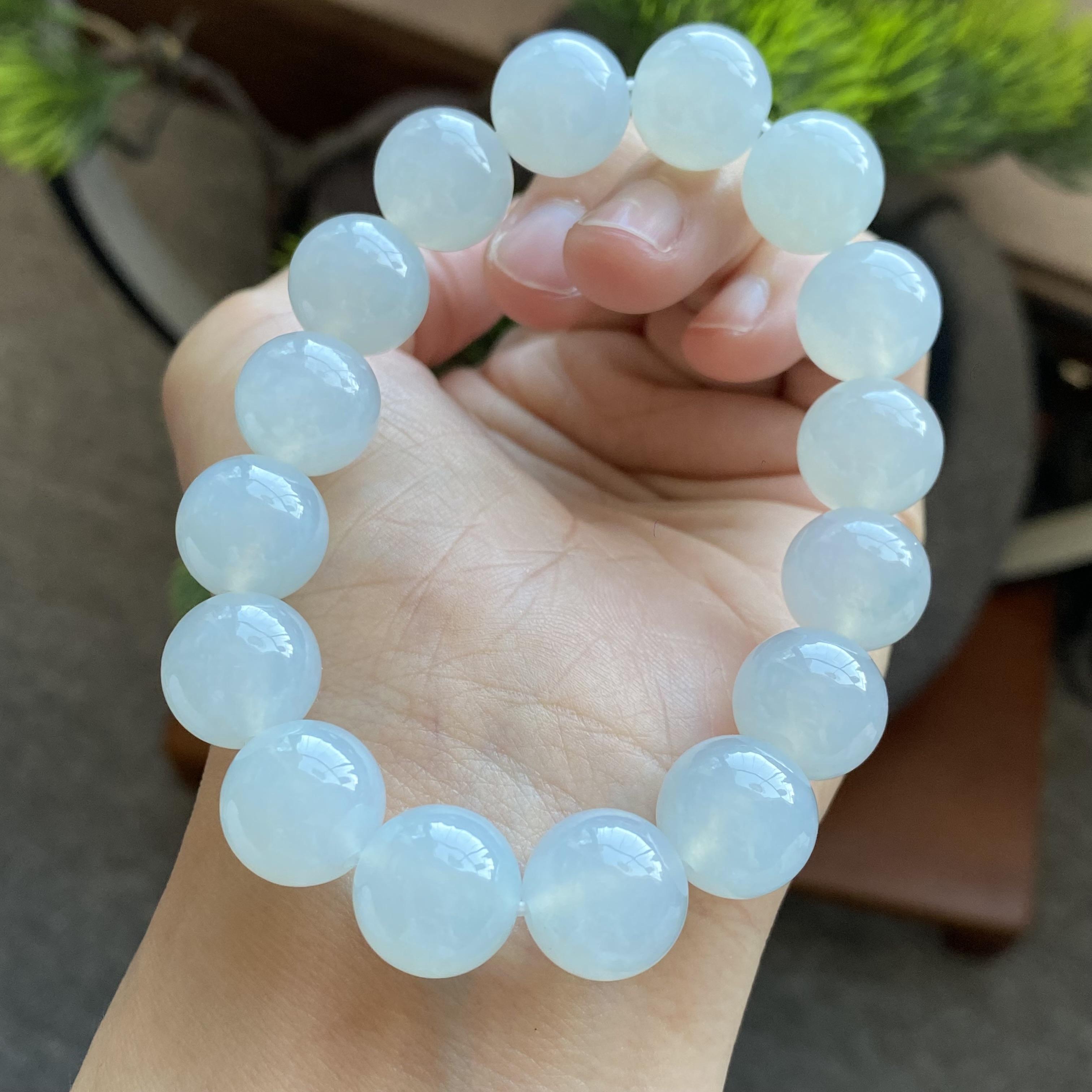 掌中翠缅甸天然翡翠A货冰种起胶大圆珠男女款手链手串13mm 0046