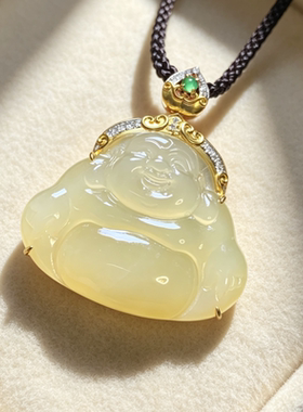 缅甸翡翠A货冰种天然黄翡笑脸佛吊坠18K金钻镶嵌 0147