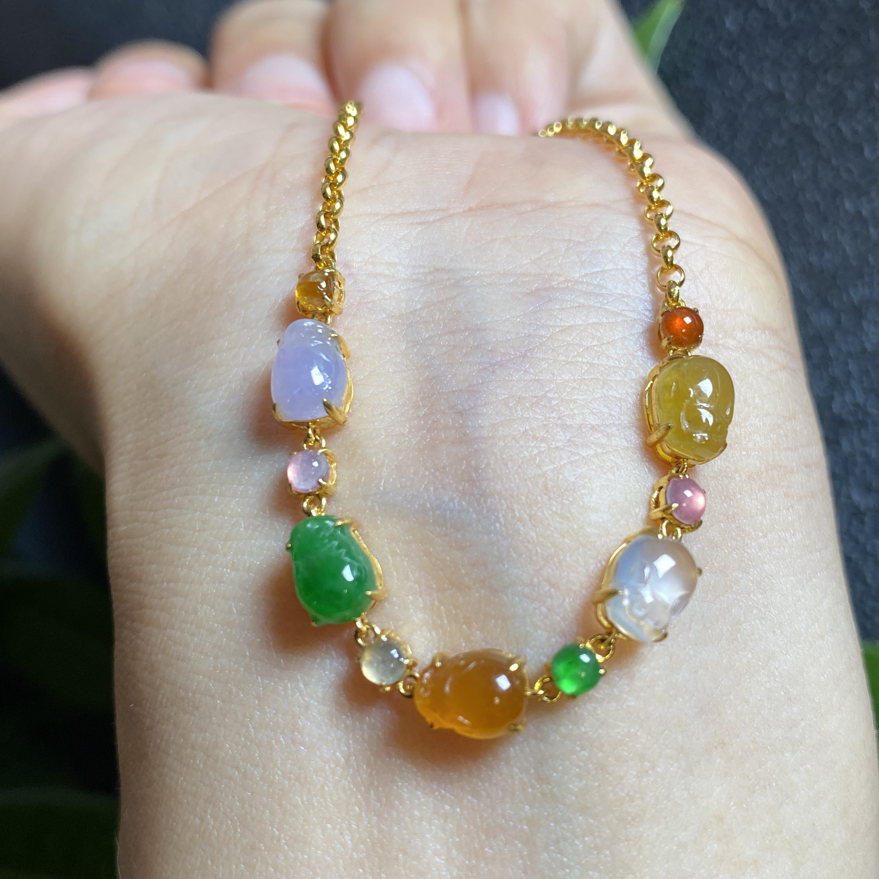 掌中翠缅甸天然翡翠A货冰种起胶小貔貅手链手串18K金镶嵌 0079