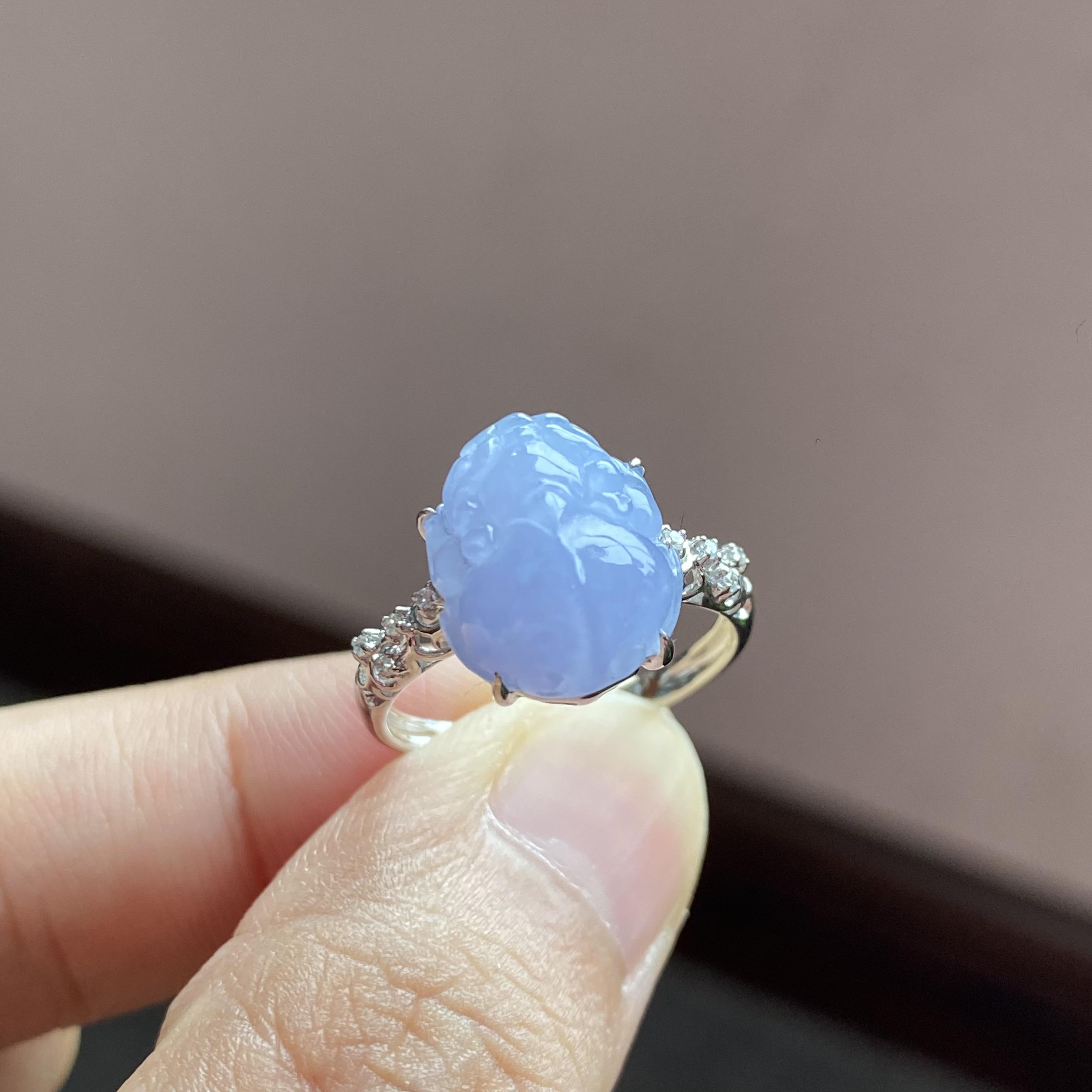 掌中翠缅甸翡翠A货冰种紫罗兰饱满貔貅戒指18K金镶嵌女款 0046