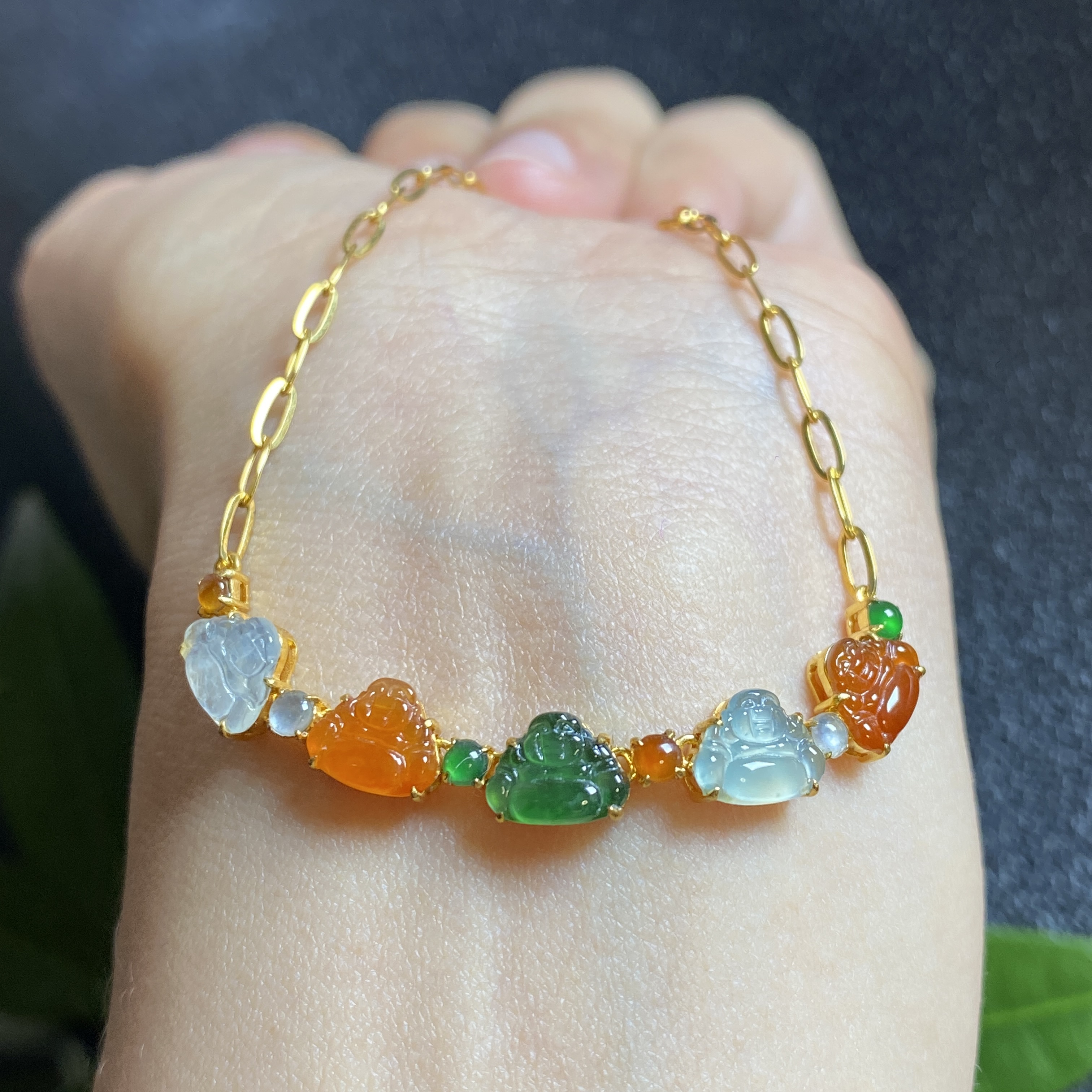 掌中翠缅甸天然翡翠A货冰种多宝笑脸佛手链手串18K金镶嵌 9359