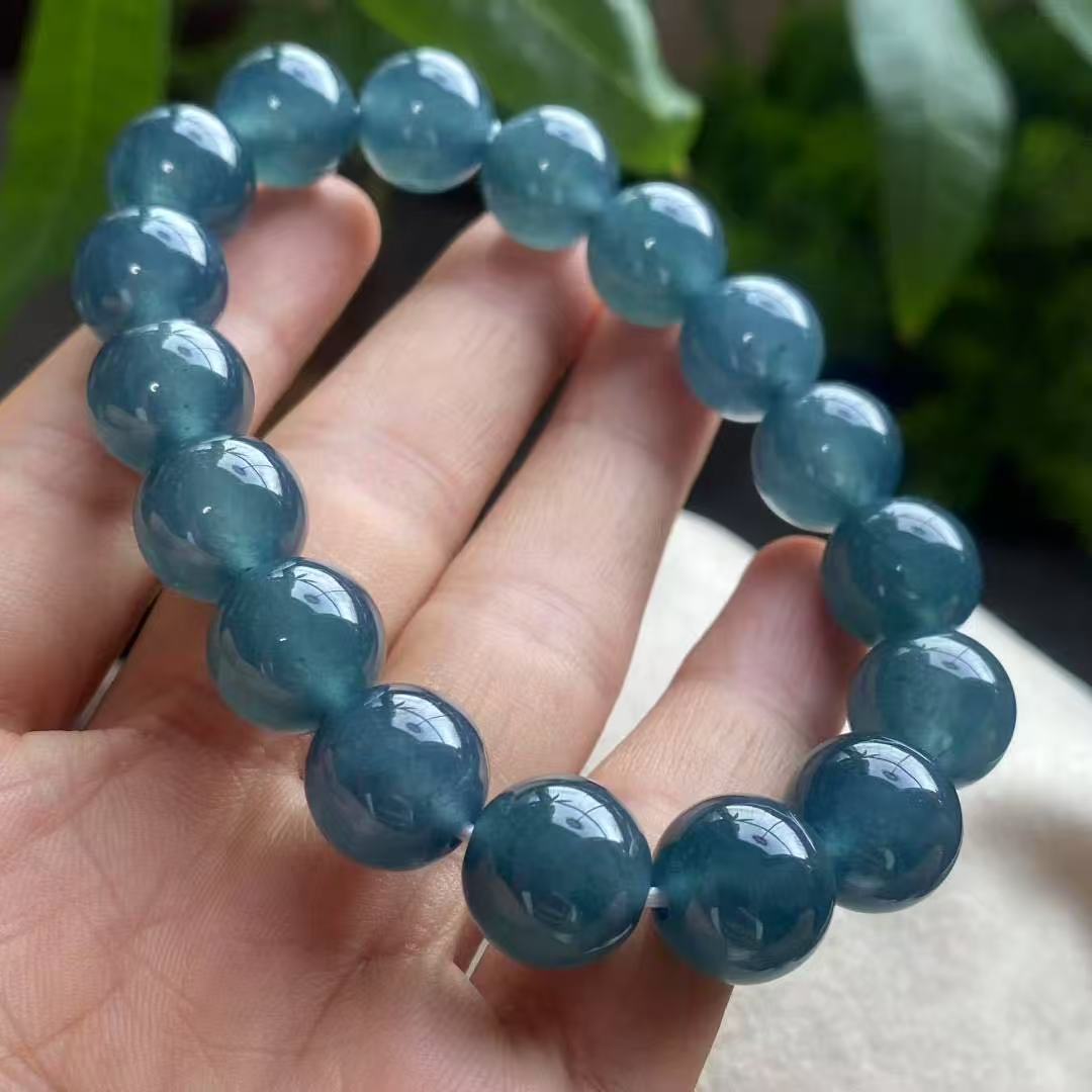 掌中翠天然翡翠A货冰种老蓝水深色圆珠大手链手串 11.8mm 0748