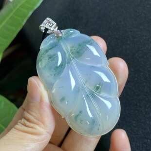 掌中翠 0536 缅甸翡翠A货18k金镶嵌冰种飘花饱满叶子金枝玉叶吊坠