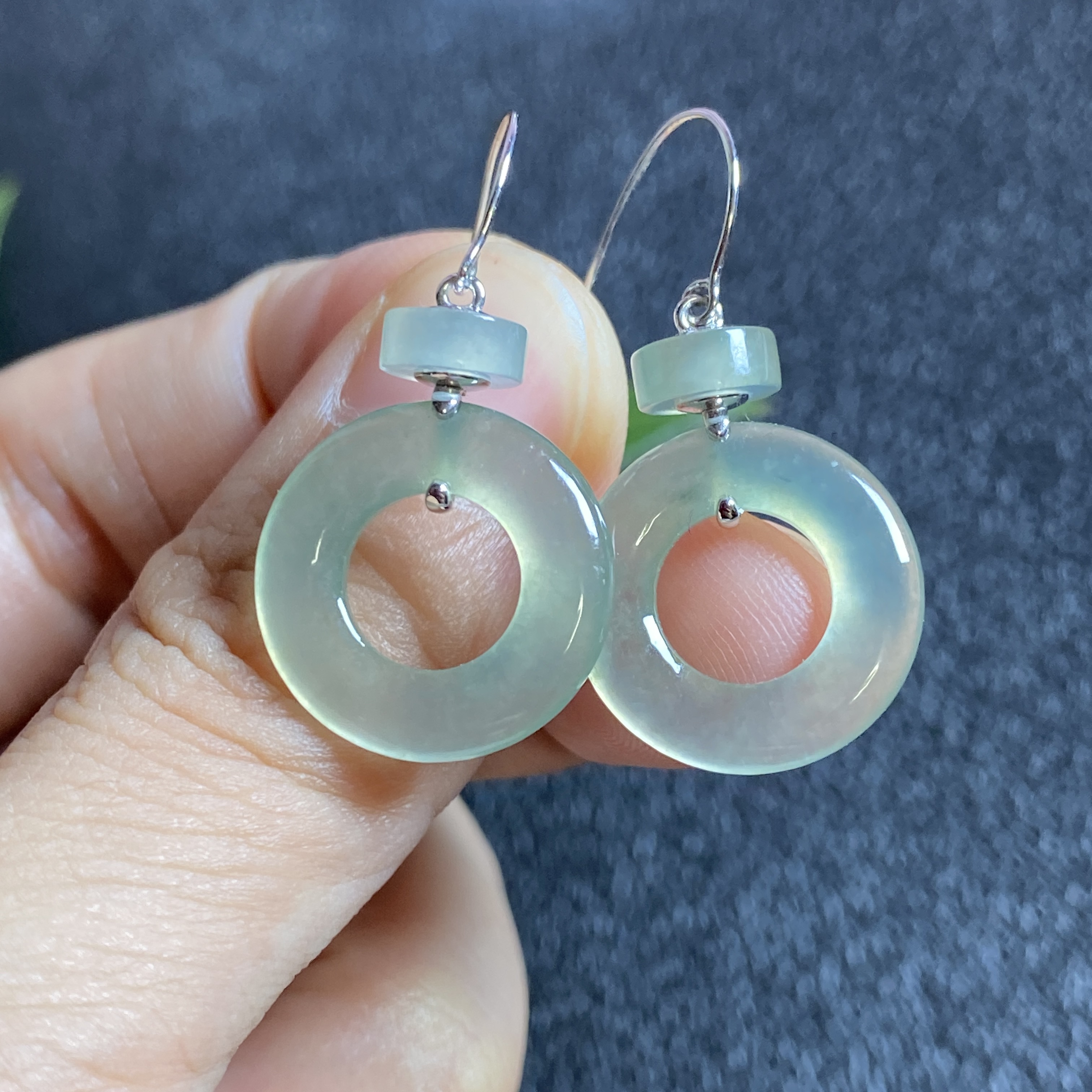 缅甸天然翡翠A货冰种浅黄绿甜甜圈耳环18K金女款耳坠 0285