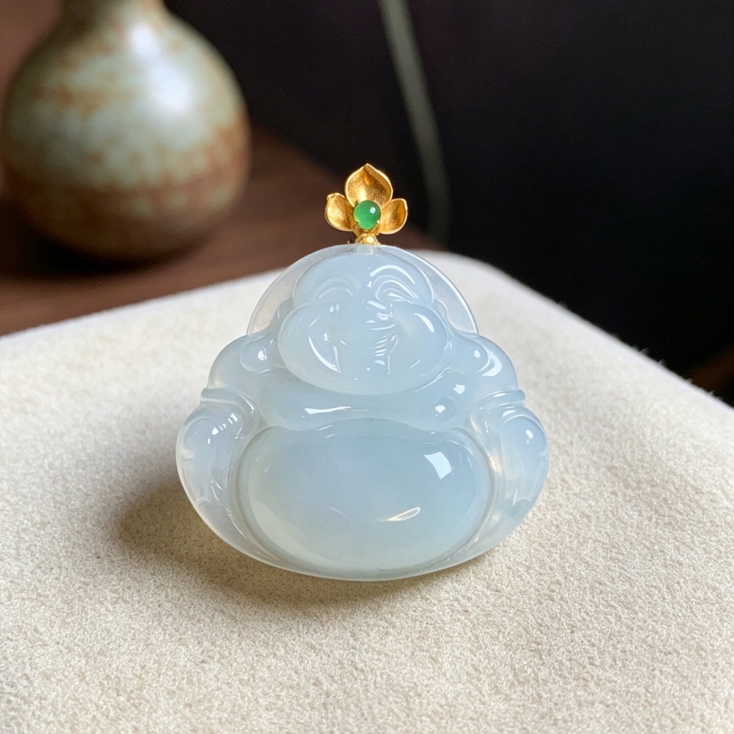 掌中翠缅甸天然翡翠A货冰种纯白饱满笑脸佛公18k金镶嵌玉吊坠0095