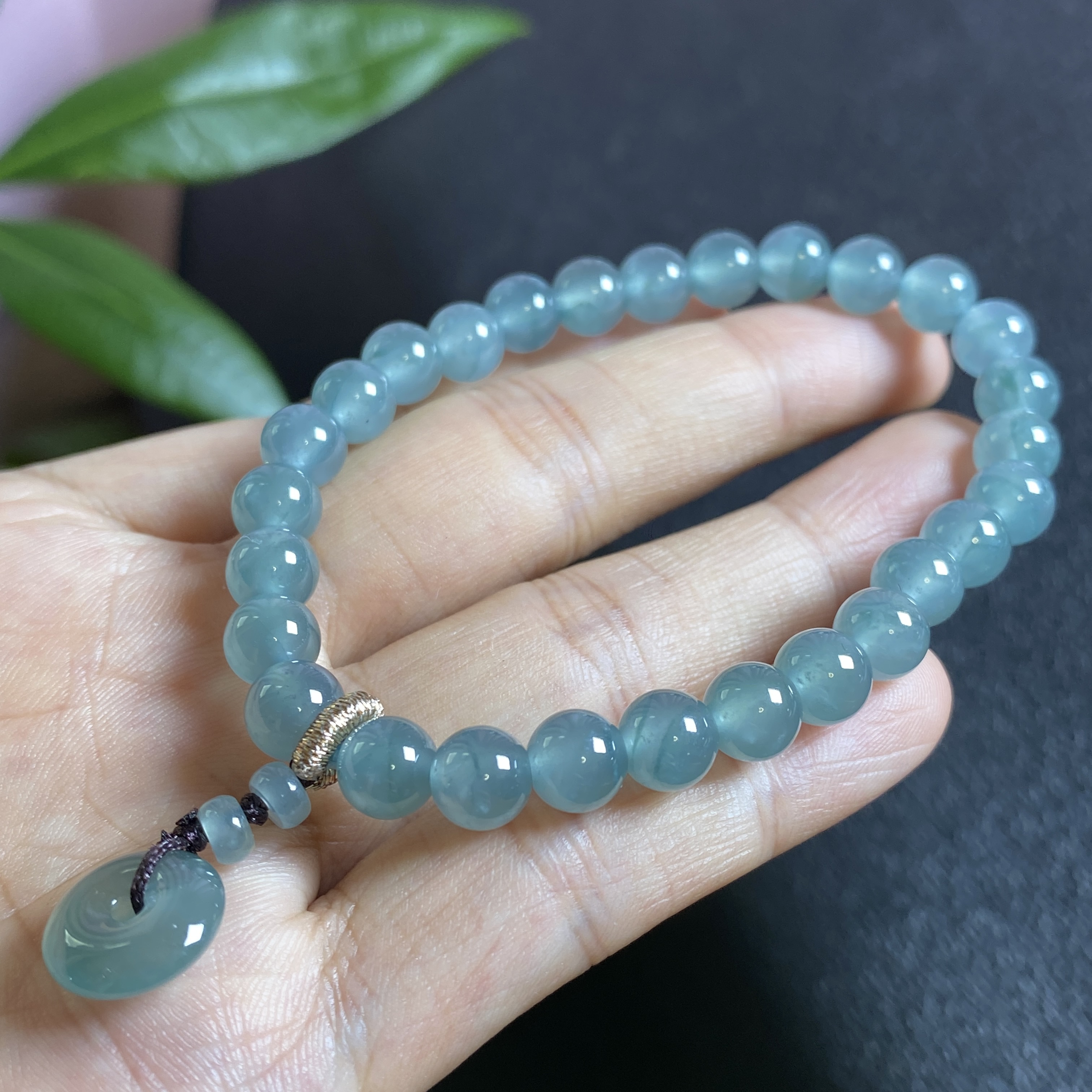 掌中翠天然翡翠A货冰种蓝水飘花圆珠手链手串 6.7mm 0153
