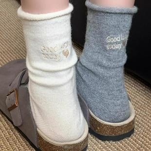 卷边羊毛袜子女秋冬季加绒加厚保暖中筒袜2025新款爆款堆堆袜韩版
