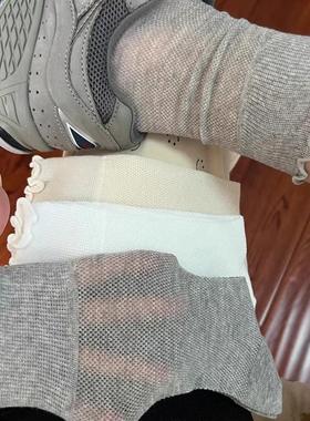 木耳边袜子女堆堆袜夏季薄款网眼透气纯棉中筒袜灰色花边夏天长筒