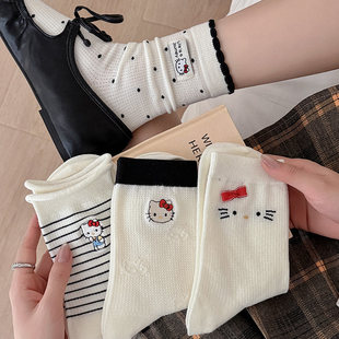 纯棉无骨长筒袜可爱女生 薄款 kt猫袜子女春秋款 中筒袜网眼透气夏季