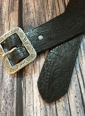 复古机车GGRRL皮带真皮针扣铆钉做旧腰带头层牛皮青年裤带 宽40mm