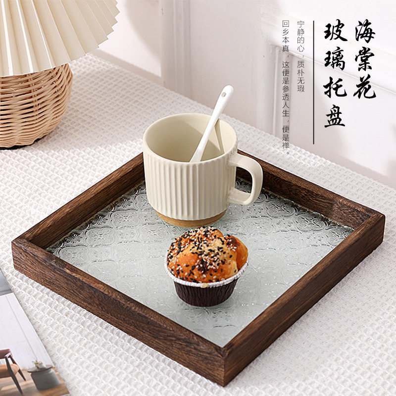 日式复古绿色海棠压花玻璃茶托盘实木长方形收纳平盘摄影道具摆件
