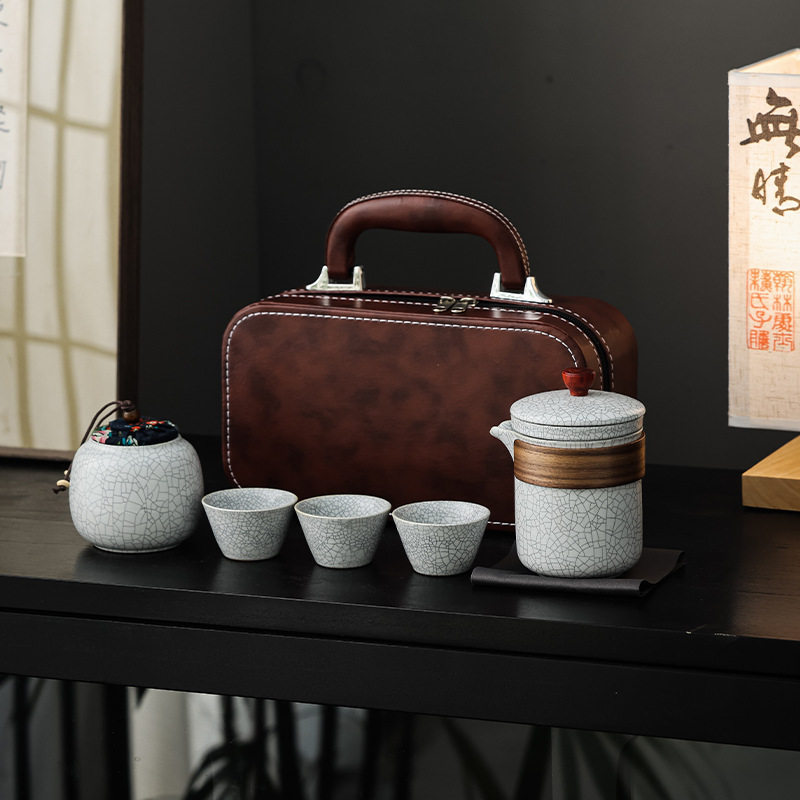汝窑旅行功夫茶具小套装便携式户外露营快客杯一壶三杯随身泡茶壶