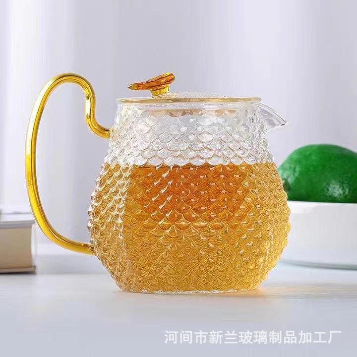高硼硅耐热玻璃日式煮茶壶家用送礼女子锤纹多角鱼鳞壶龙香壶套组