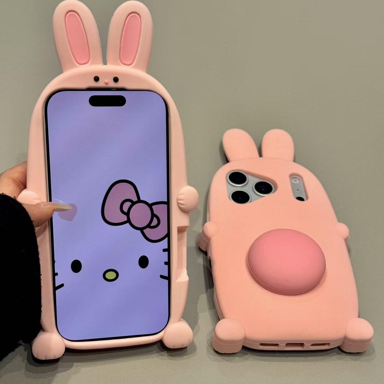 卡通可爱立体粉兔耳支架适用iphone17promax苹果16p手机壳15新款童趣创意搞怪新款防摔保护壳