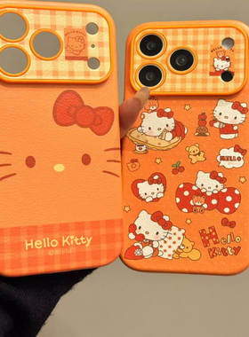 萌系可爱橙色格纹打电话猫咪适用于iphone17promax苹果16手机壳15可爱卡通童趣创意新款防摔