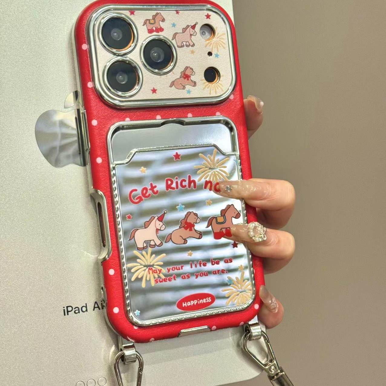 趣味红底波点小马烟花卡包适用于iphone17promax苹果16pr手机壳15小众简约设计感防摔保护壳