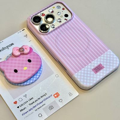 甜美条纹可爱格纹猫咪磁吸适用ihone17promax苹果16手机壳15p新款小众简约设计感防摔保护壳