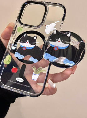 蓝袜黑色猫咪适用于iphone16prom苹果15手机壳14p13ins风新奇简约时尚涂鸦少女心满满12