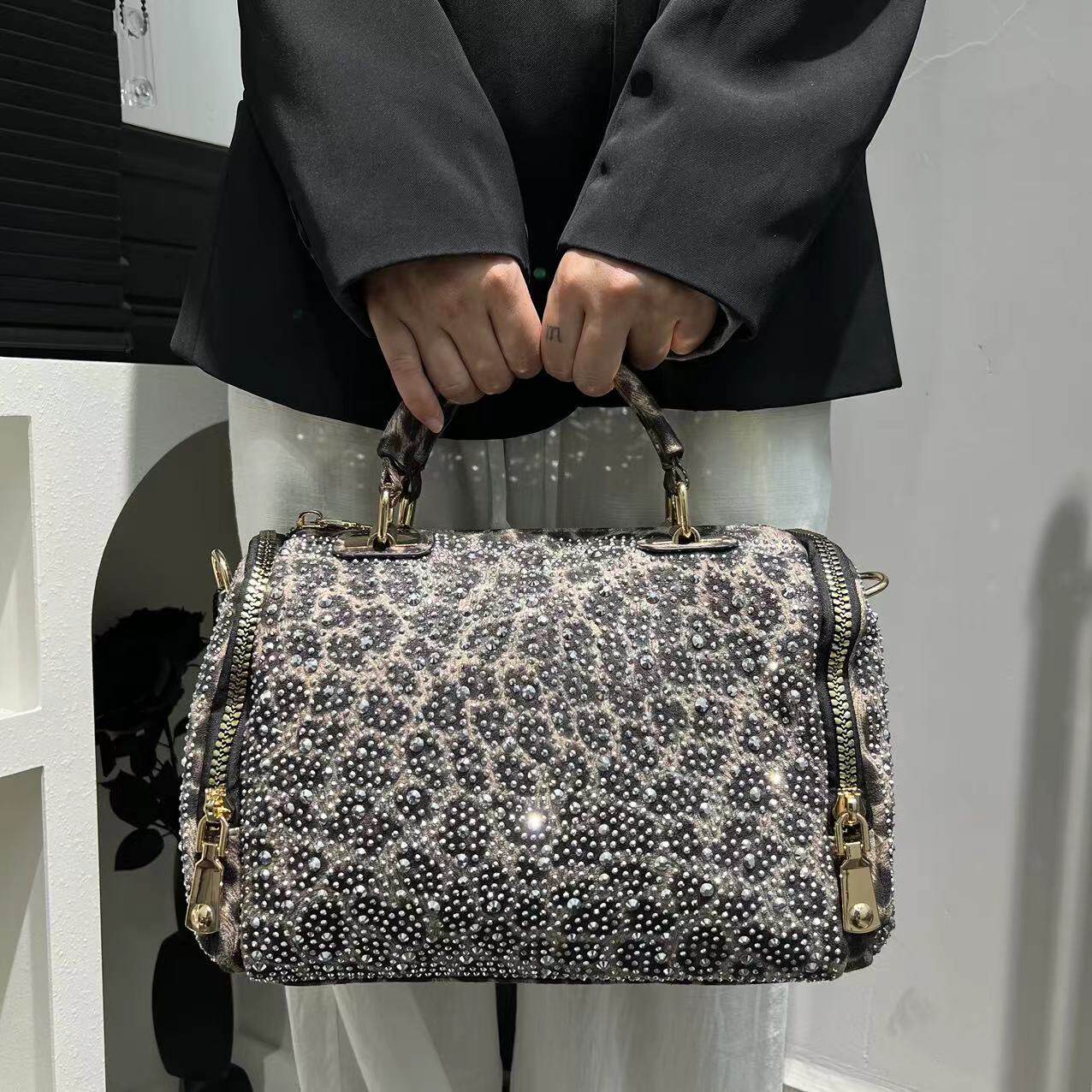 女士时尚复古豹纹钻饰手提包大容量日韩潮流个性单肩包