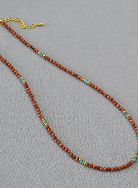 欧美小众设计复古文艺红色金沙石串珠美拉德简约气质项链锁骨链女