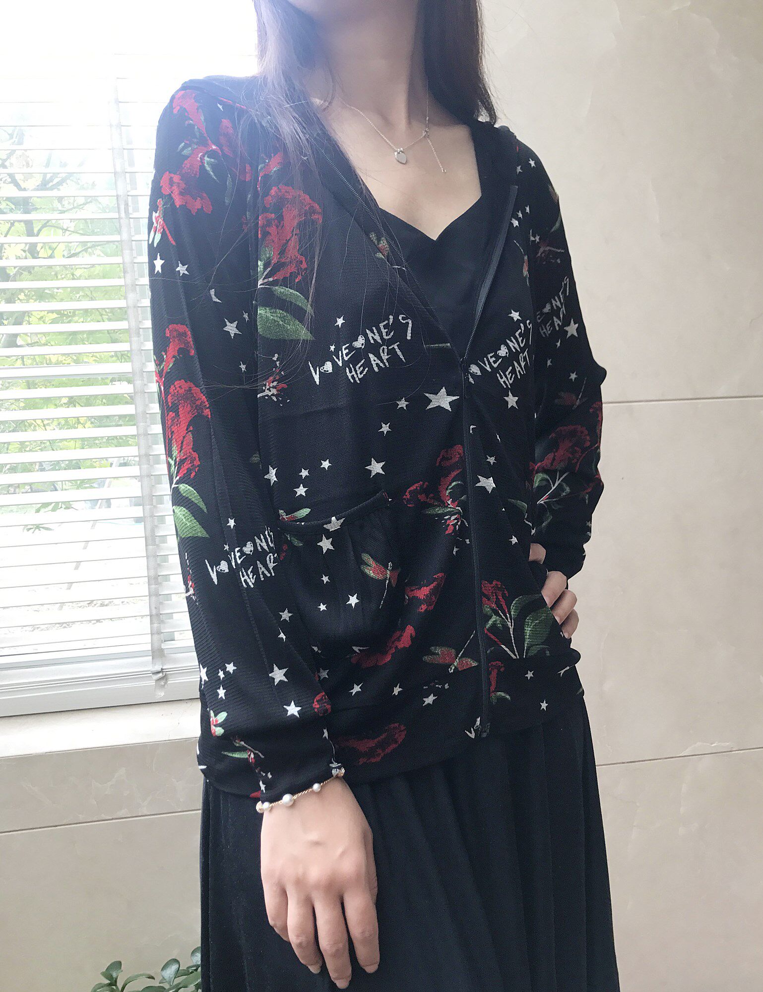 秋装双层真丝网眼连帽弹力透气女