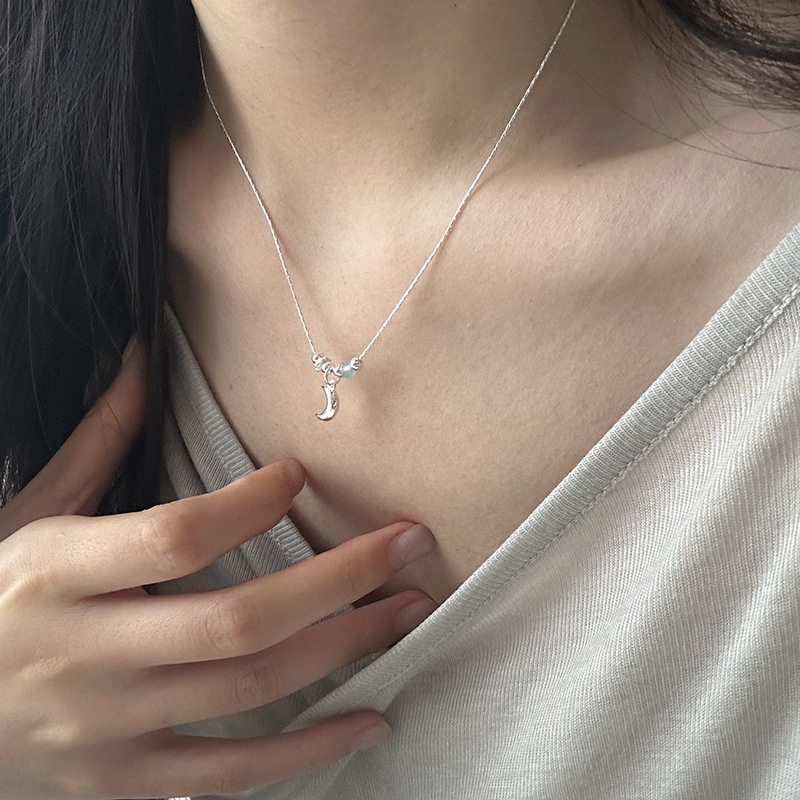 槐序HX【月亮系列】925纯银海蓝宝月亮项链女简约甜美气质闺蜜款