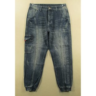 子束脚高腰印花立体长裤 多兜缩口裤 M203 牛仔裤 男32码