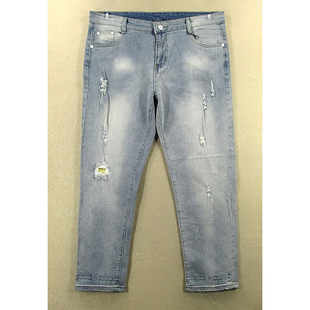 弹力修身 破洞补丁大码 7252 九分裤 女34码 包邮 牛仔裤 微胖界