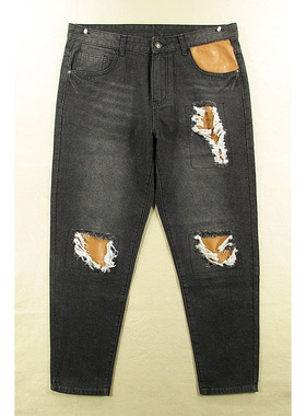 03*68681/P104*牛仔裤男欧版朋克破洞补丁款修身萝卜裤老爹哈伦裤