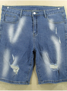 牛仔中裤五分裤男33码破洞弹力修身短裤子夏KHCO包邮N209/1232-04