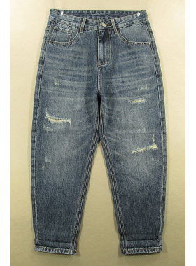 牛仔裤九分裤男29码萝卜裤破洞宽松窄脚哈伦锥形包邮Q109/6505-01