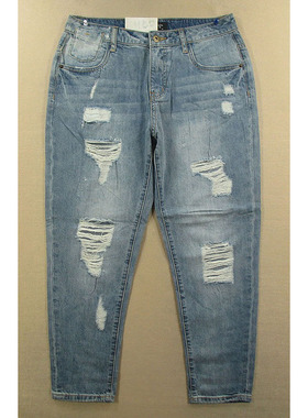 牛仔裤女28码 薄款破洞做旧纯棉高腰宽松萝卜裤*Z201/68084**10