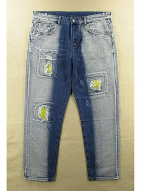 02*68681/P104*牛仔裤男欧版朋克破洞补丁款柔软修身i小脚萝卜裤