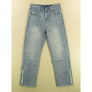 男美式 68584 慵懒风新款 饰宽松直筒U214 松紧腰拉链装 牛仔裤