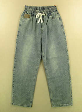 牛仔裤男美式慵懒风阔腿裤复古宽松直筒松紧腰长裤F409/9882*12