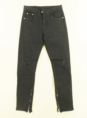 牛仔裤男30码欧版黑色朋克破洞拉链开叉弹力紧身小脚W307/6802-18