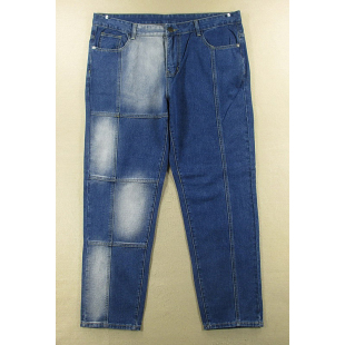 牛仔裤 V111 男38码 宽松锥形老爹裤 外单不对称拼接 大码 1907