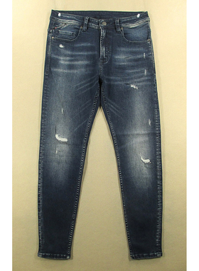 牛仔裤男弹力修身小脚紧身破洞补丁长裤子全新品*N103/59504-17