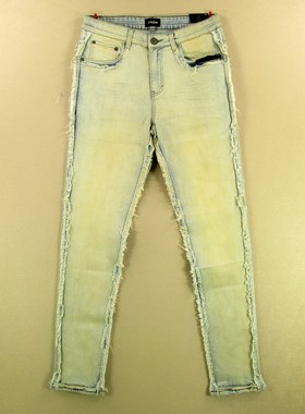 牛仔裤男31码弹力修身小脚裤侧条纹流苏长裤全新品S401/68501-08