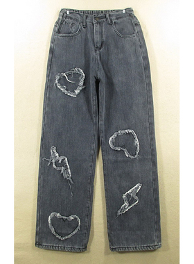 牛仔裤女27码秋冬款抓绒加厚弹力宽松直筒阔腿裤/K103/68253-01