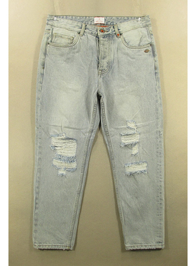 牛仔裤男32码纯棉破洞锥形小脚裤外单长裤子全新品*I203/05504-10