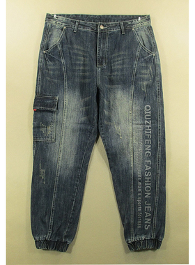 牛仔裤男36码厚实多兜缩口裤束脚加大码印花英文*X208/05503-10