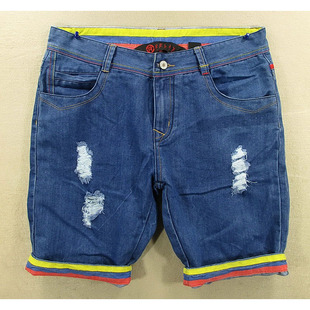 五分裤 男32码 包邮 2608 KHCO特价 W104牛仔中裤 卷脚款 破洞修身